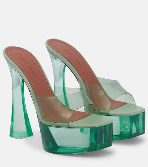 Dalida PVC platform mules in green - Amina Muaddi | Mytheresa Amina Muaddi Shoes, Fancy Sandals, Dr Shoes, Chic Sneakers, Professional Shoes, Platform Mules, Statement Shoe, Amina Muaddi, Aesthetic Shoes