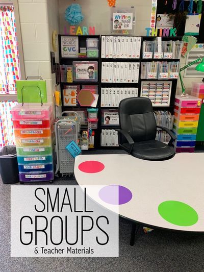 Preschool Teacher Area In Classroom, Classroom Setup Kindergarten Layout, 2nd Grade Classroom Decorations, Guided Reading Table Set Up, Small Teacher Desk Area Classroom Setup, Elementary Small Groups, Teacher Area And Small Group Table, Small Classroom Organization Elementary, Teacher Small Group Table Organization