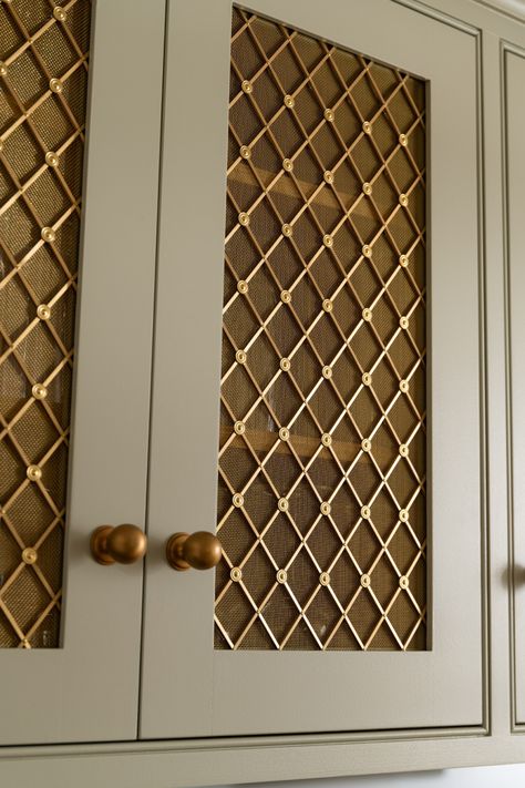 Brass Mesh Cabinet Doors, Brass Mesh Cabinet, Brass Cabinets, Mesh Cabinet Doors, Rad Covers, Unique Cabinet Door, Mesh Cabinet, Glass Kitchen Cabinet, Dresser In Living Room