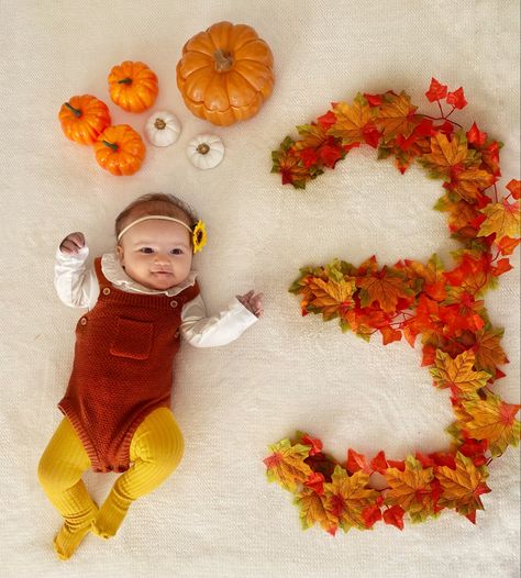 4 Month Fall Baby Pictures, 3month Baby Photoshoot Ideas, 3 Month Fall Baby Photos, 3rd Month Baby Photoshoot Ideas, Baby Birthday Month, 3 Months Baby Photography, Fall Baby Photos, Monthly Photoshoot, Fall Baby Pictures