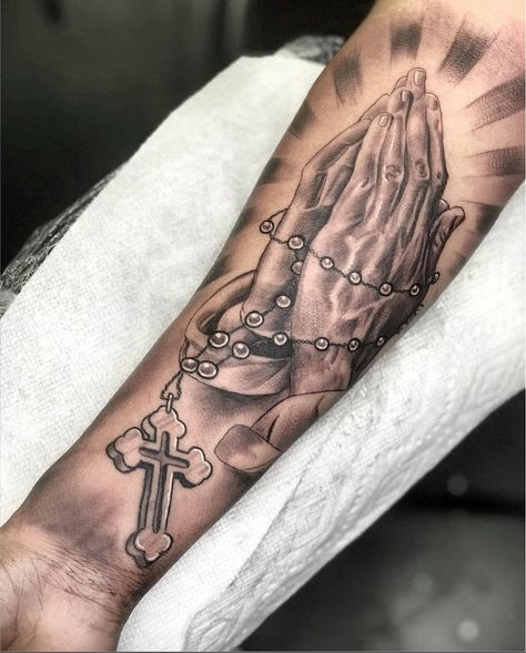 His name Praying Tattoo, Praying Hands Tattoo, Rosary Tattoo, Hands Tattoo, Forarm Tattoos, Cross Tattoo Designs, Cool Forearm Tattoos, Jesus Tattoo, Religious Tattoos