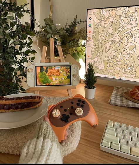 Nintendo Switch Room, Pc Games Setup, Nintendo Switch Animal Crossing, Best Gaming Setup, Cozy Desk, Dream Desk, Setup Gaming, Custom Consoles, Gamer Room Decor