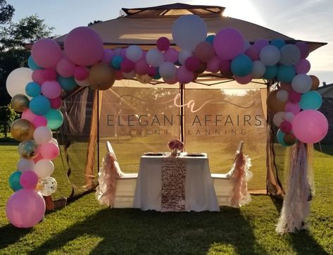 Balloon Garland On Pop Up Tent, Birthday Gazebo Party Ideas, Gender Reveal Tent Decor, Balloons On Tent, Gazebo Birthday Decorations, Gazebo Balloon Decorations, Gazebo Birthday Decorating Ideas, Pop Up Tent Decorations, Tent Balloon Decorations