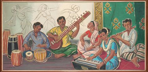 Indian Musicians by Liu Kang | 1972 | National Heritage Board, Singapore  These depicted events and activities of the multi-cultural society he lived in. ‘'Indian Musicians'’ is one such work, depicting Indian traditional instruments. Liu loved music and this is perhaps best seen in his illustration of the musicians reveling in the activity. National Gallery Singapore, Hindustani Classical Music, Indian Musical Instruments, Liu Kang, Indian Classical Music, Music Illustration, Western Music, Indian Music, Book Illustration Art