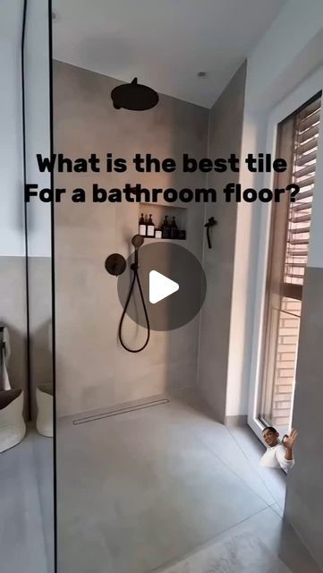 Interior Design Company in Lagos on Instagram Non Slippery Tiles For Bathroom, Tile Floors For Bathrooms, Low Maintenance Bathroom Ideas, Medium Bathroom Design, White Tile Walk In Shower Ideas, Master Bath Ideas 2024, Second Bathroom Ideas, Grey Floor Bathroom, Matte Tile Bathroom