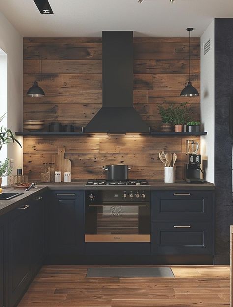 Black Kitchen Oak Worktop, Dark Wood Home, Living Place, Kitchen Must Haves, Oak Kitchen, Black Kitchen, Black Kitchens, Dream House Decor, Kitchen Style