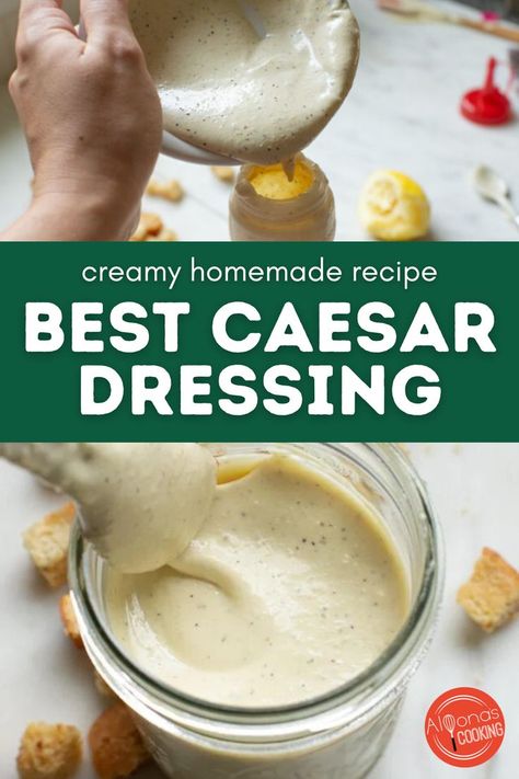 This creamy Caesar Dressing is perfect over Caesar salad! Homemade Caesar salad dressing is bold, rich, and tangy! This dressing recipe has no anchovies added and is so easy to make with homemade mayonnaise! Use it on salads, wraps, Chicken Bake, or baked fish! This tastes like the traditional bottled dressings from the store only better! Click to try this easy recipe for your next party, birthday, or lunch! Caesar Dressing Recipe No Anchovies, Salad Dressing Homemade, Creamy Caesar Dressing Recipe, Best Caesar Salad Dressing, Easy Caesar Salad Dressing, Best Caesar Salad, Wraps Chicken, Homemade Caesar Salad, Creamy Caesar Dressing