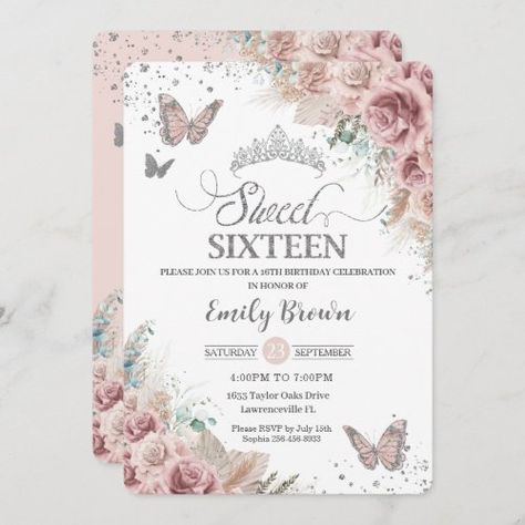 $2.14 | Sweet 16 Boho Blush Dusty Rose Floral Pampas Grass - sweet 16 sixteen 16th birthday, rustic boho pampas grass, beige flowers greenery, blush dusty rose floral roses, elegant sweet girly butterflies, sweet 16 birthday party invites, 16th birthday editable template, budget economical printed invitation, silver glitter typography cards, bohemian chic princess crown tiara Sweet 16 Invitation Ideas, Pampas Grass Invitation, Butterfly Sweet 16, Sweet Sixteen Party Themes, Pink Sweet 16, 16th Birthday Decorations, Butterfly Invitations, Quince Decorations, 16th Birthday Invitations