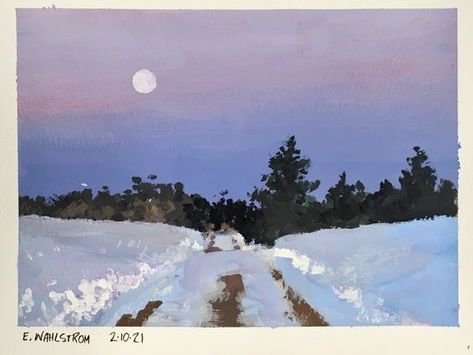 Guache Winter Painting, Winter Gouache, Guache Art, Landscape Gouache, Snow Watercolor, Colour Studies, Paint With Acrylics, Gouache Color, Landscape Painting Tutorial