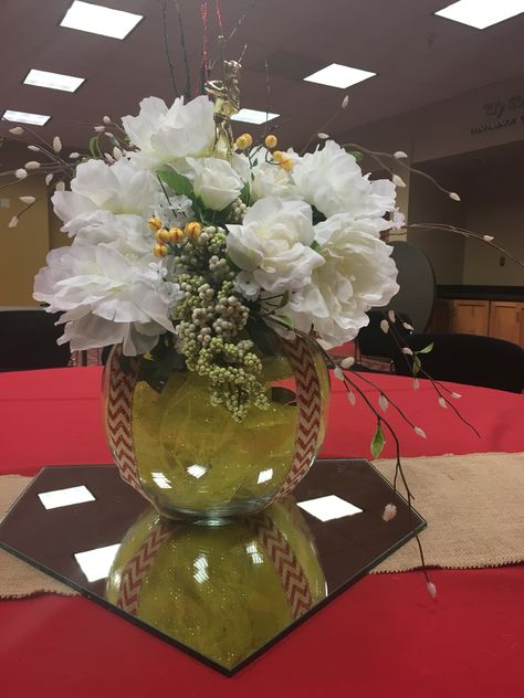 Softball Party Centerpiece, Softball Flower Arrangements, Softball Table Decorations, Softball Table Centerpieces, Softball Centerpieces Banquet, Softball Centerpieces Table Decorations, Softball Banquet Ideas Table Decorations, Baseball Banquet Centerpieces, Softball Banquet Ideas