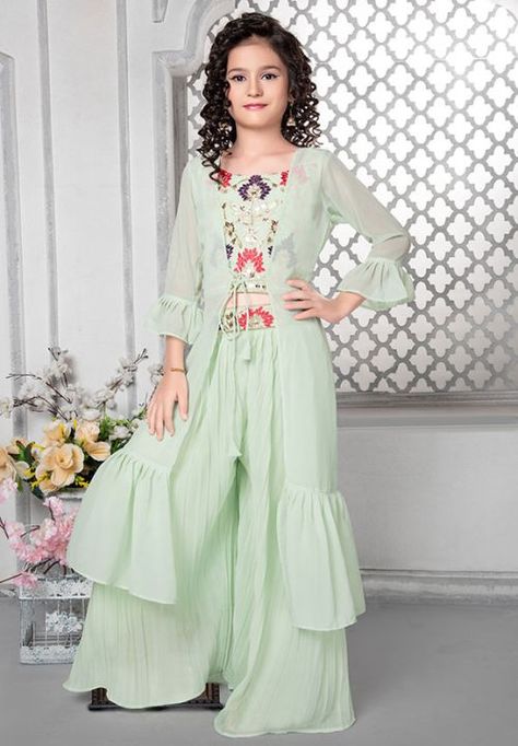 Mint Green Faux Georgette Palazzo Suit Georgette Palazzo, Indo Western Dresses For Women, Kids Lehenga Choli, Floral Sarees, Cutwork Saree, Sequin Saree, Saree Floral, Slim Fit Mens Shirts, Sea Green Color