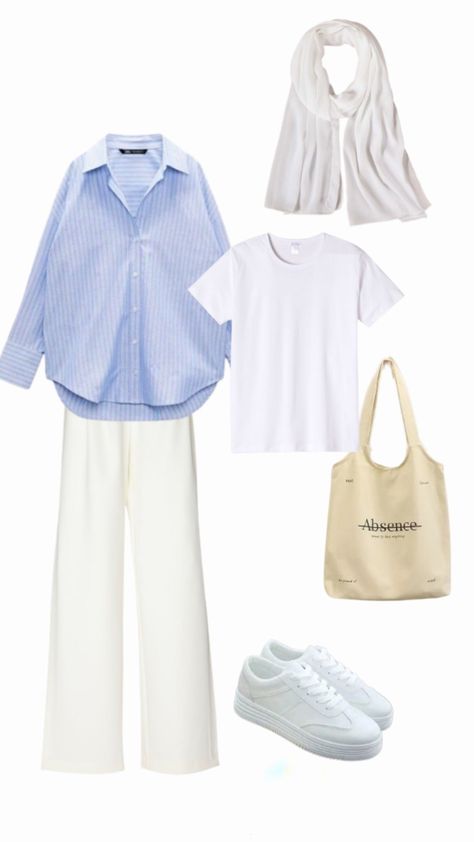 Light Blue And Tan Outfit, White Pants Hijab Outfit, Blue Striped Shirt Outfit Hijab, Striped Shirt Outfit Hijab, Poly Outfits, Bandung Outfit, Blue Outfit Hijab, Light Blue Shirt Outfit, Outfits Azul