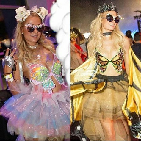 Paris Hilton rocked TWO butterfly bras from The Bouncing Bunny at Electric Daisy Carnival 2017! Monarch Butterfly Rainbow Swallowtail Rave Bras​ Festival fashion EDC outfit inspiration plurmaid glitter sequin holographic neon rave girls Unicorn Butterfly Rave Outfit, Electric Daisy Carnival Outfits, Rave Outfits Diy, Butterfly Clothing, Rave Party Outfit, Rave Bras, Neon Rave, Mario E Luigi, Butterfly Rainbow