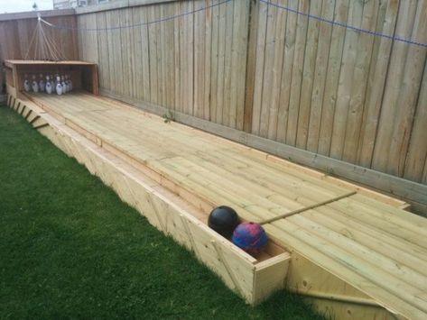 Backyard Bowling Alley, Diy Bowling Alley, Backyard Bowling, Outdoor Bowling, Diy Bowling, Outdoor Shooting Range, Bowling Lane, Diy Playground, Woodworking Logo