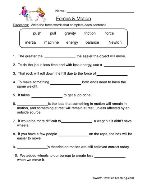 forces motion worksheet Elementary Science Worksheets, Forces Science, Force Worksheet, Forces And Motion, Fourth Grade Science, 7th Grade Science, Have Fun Teaching, 8th Grade Science, Social Studies Worksheets