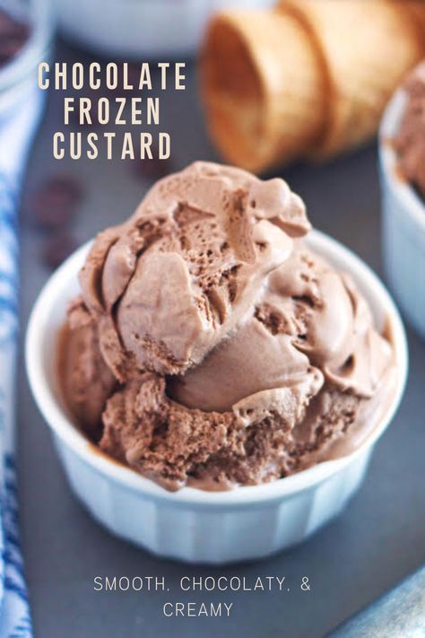 This smooth, chocolaty, and creamy Chocolate Frozen Custard is heavenly! This easy ice cream recipe is so yummy, your family will thank you for making it! I am trying to squeeze the last little bit of summer desserts, and this one is on top of my easy dessert recipe list! Homemade ice cream is a staple in my family, and I know you will love this simple treat for your own family! Check out my food blog for more baking recipes and also yummy dinner meals. Chocolate Frozen Custard, Chocolate Custard Ice Cream, Homemade Frozen Custard Recipes, Frozen Custard Recipe Ice Cream Maker, Ice Cream Custard Recipe, Frozen Custard Homemade, Chocolate Custard Ice Cream Recipe, Frozen Custard Recipe, Frozen Custard Recipes