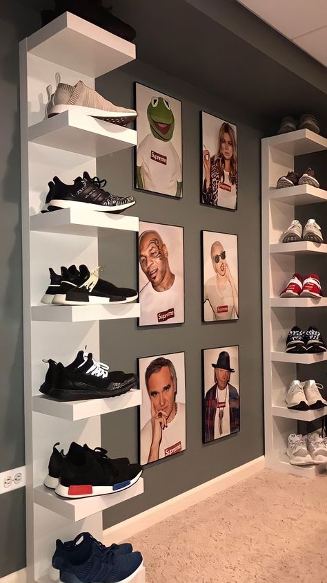 Shoe Head Room, Shoe Collection Aesthetic Room, Shoe Wall In Bedroom Aesthetic, Sneaker Head Room Ideas Aesthetic, Sneaker Room Decor, Sneaker Themed Bedroom, Sneaker Head Room Ideas Boy, Shoe Wall In Bedroom, Jordan Room Ideas