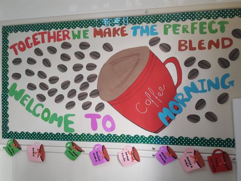 Kindergarten Coffee Morning Activity Coffee Classroom, Fall Classroom Door, Morning Board, Fall Classroom, Morning Activities, Class Theme, Cafe House, School Bulletin Boards, Classroom Door