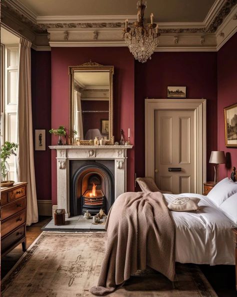 Maroon Bedroom, Burgundy Room, Burgundy Bedroom, Burgundy Walls, Red Bedroom, Bedroom Fireplace, Bedroom Red, Red Rooms, Red Room