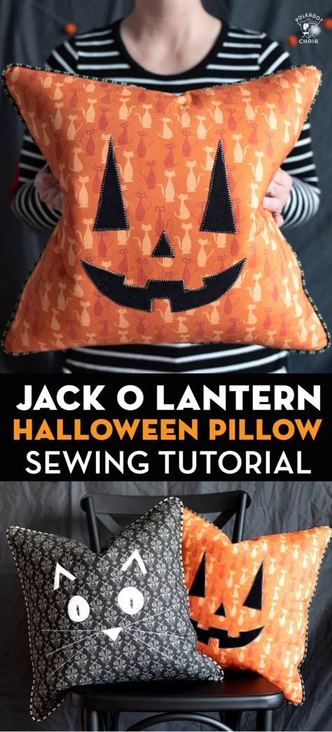 Sewing Pillows Decorative Free Pattern, Jack O Lantern Pillow, Easy Halloween Sewing Crafts, Halloween Fabric Crafts Easy Diy, Halloween Hand Sewing Projects, Things To Sew For Fall, Sewing For Fall, Halloween Pillows Ideas, Easy Pillows To Sew