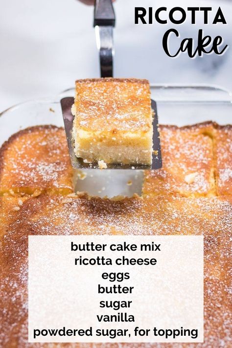 Lemon Ricotta Box Cake, Ricotta Cheesecake Bars, Lemon Ricotta Cake Mix Recipes, Magic Ricotta Cake, Ricotta Self Filling Cake, Easy Ricotta Cake, Ricotta Bundt Cake Recipes, Cheesecake Recipes With Ricotta Cheese, Ricotta Cheese Desserts Easy