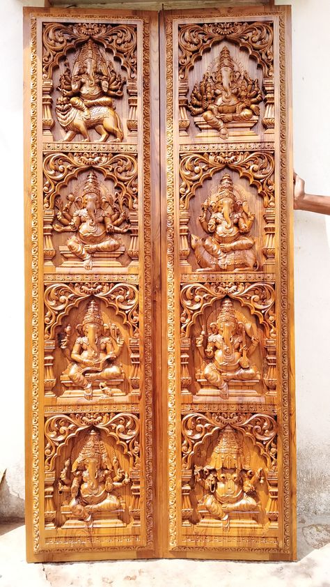 Ganesha door woodwork.Rs Temple Doors Indian, Temple Doors, Main Door Design Photos, Door Carving, Pooja Door, Handyman Logo, Pooja Door Design, House Front Door Design, Sofa Design Wood