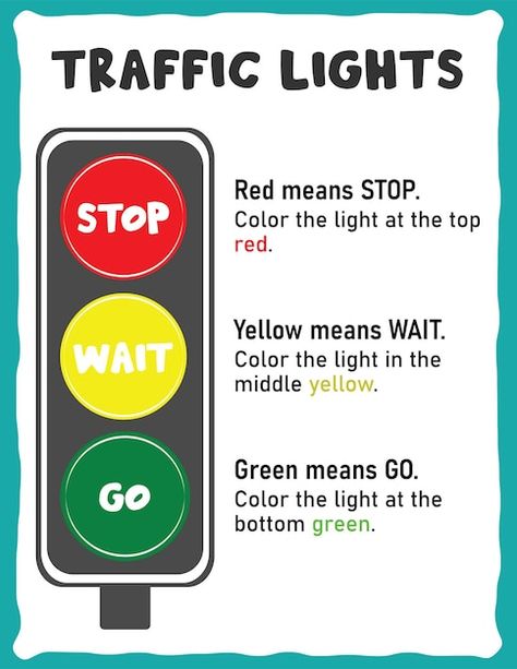 Traffic light green yellow red lights | Premium Vector #Freepik #vector #traffic-sign #traffic-lights #traffic-lights-vector #red-yellow-green Road Traffic Signs For Kids, Yellow Color Meaning, Traffic Signs And Meanings, Traffic Light Pictures, Traffic Light Craft, Nursery 2024, Traffic Light Sign, All Traffic Signs, Light Meaning