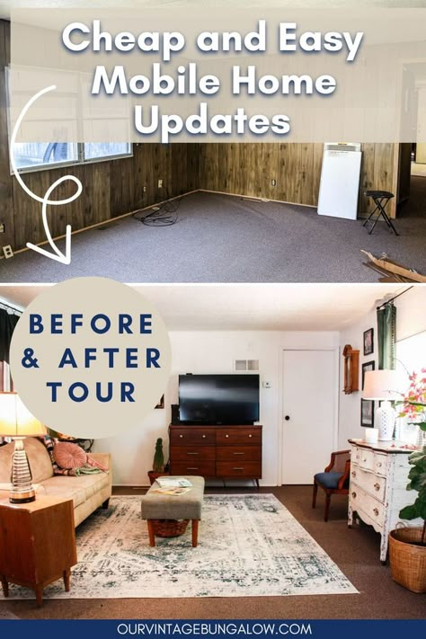 mobile home living room before and after renovation pictures - text reads cheap and easy mobile home updates before and after tour Decorating A Double Wide Home, Renovating A Double Wide Trailer, Beautiful Mobile Homes Interior Design, Mobile Home Tub Makeover, Trailer Add Ons Mobile Homes, Manufactured Home Hacks, Decorating Manufactured Homes, Manufactured Home Paint Ideas, Trailer Decorating Ideas Single Wide Mobile Home Makeovers