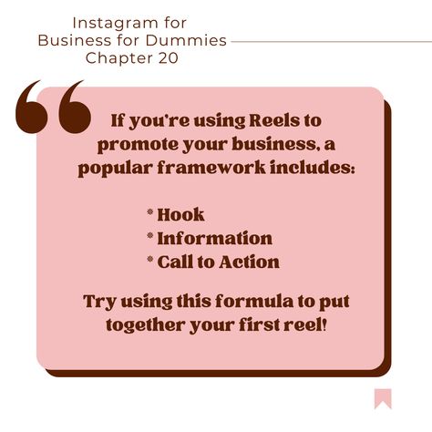 Instagram for Business for Dummies is out of my computer and off to layout!⁠ I'll be sharing some highlights from my book until it comes out December 5th.⁠ ⁠ This quote is from Chapter 20, which is all about Creating Reels. One of my favorite formulas for Reels is HIT: Hook, Information, Call to Action.⁠ ⁠ The book goes into much more detail about this...⁠ ⁠ You can pre-order the book now on Amazon. ⁠ ⁠ Comment BOOK to get the direct link!⁠ ⁠ #instagramfordummies #instagram101 #instagrambook ... Instagram 101, Instagram For Business, For Dummies, Call To Action, Promote Your Business, Instagram Marketing, Pre Order, My Favorite, Highlights