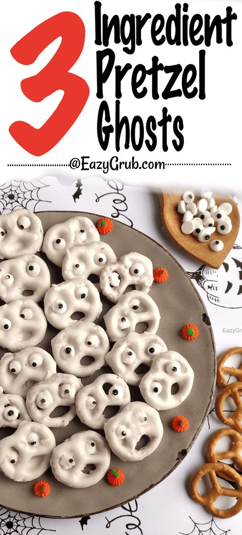 3 Ingredient Ghost Pretzels are not only yummy to eat, they're fun to make! Pretzel ghosts have wonky, funny candy eyes that little ones will have a lot of laughs over while putting the eyes on the ghosts. Heck, even looking at them makes a person laugh! A great homemade halloween treat, only 3 ingredients, and the kids will adore them! Pretzel Ghosts, Ghost Pretzels, Kid Friendly Party Food, Homemade Halloween Treats, Ghost Treats, Halloween Pretzels, White Chocolate Pretzels, Candy Eyes, Funny Candy