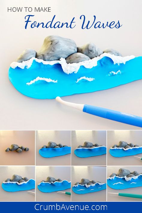 sea, ocean, waves, fondant, cake decorating, water, sugar craft, sugar art, Crumb Avenue, free tutorial, step by step, beach, splash Wave Cake, Fondant Tips, Fondant Techniques, Ocean Cakes, Sea Cakes, Beach Cakes, Cake Topper Tutorial, Fondant Cake Toppers, Fondant Tutorial