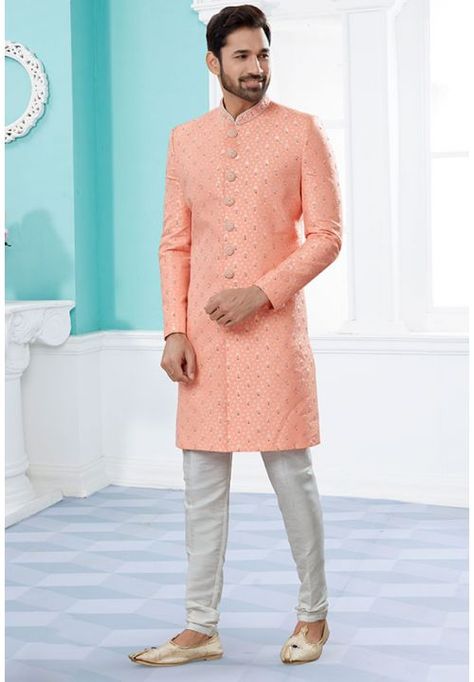 Peach Jacquard Wedding Wear Sherwani Indo Western Sherwani, Sherwani Groom, Mens Sherwani, Fancy Fabric, Sherwani For Men, Celebrity Gowns, Wedding Sherwani, Readymade Blouse, Green Sequins