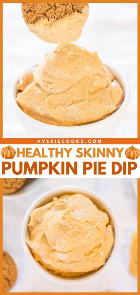 Skinny Pumpkin Pie Dip (Just 6 Ingredients!) - Averie Cooks Pumpkin Pie Dip, Pumpkin Fluff, Cheese Pudding, Pie Dip, Pumpkin Dip, Averie Cooks, Fluff Recipe, Sweet Dips, Molasses Cookies