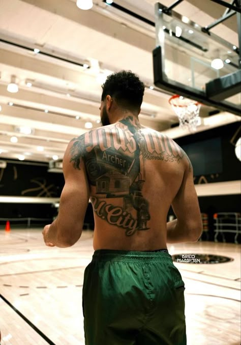 Nba Tattoos Basketball Players, Jayson Tatum Back Tattoo, Nba Tattoo Ideas, Chosen Tattoo Words, Lebron Tattoos, Jordan Clarkson Tattoo, Tattoos For Black Men Ideas, Jason Tatum Tattoo, Athletes Tattoos