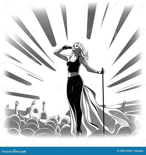 Pop Singer Performing on Stage, Woman. Black and White Cartoon. Stock Illustration - Illustration of person, comics: 286910840 Black And White Singer Aesthetic, Singer Illustration, Singer Silhouette, Pop Singer Smitha, Woman Singing On Stage, Singer Singing On Stage, Black And White Cartoon, Pop Singers, Editorial Illustration