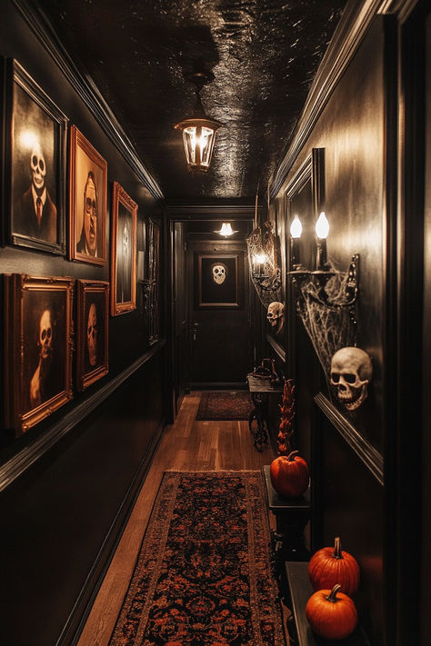 Transform your home into a Halloween wonderland with these 35+ spooktacular decoration ideas. From eerie lights to haunted accents, create a hauntingly beautiful space for the spooky season. 🌟✨ #HalloweenDecor #Spooktacular #HauntedHome #HalloweenIdeas Haunted House Bathroom, Haunted Living Room Ideas, Haunted Manor Interior, Halloween Decorations Interior, Halloween Set Design, Haunted House Aesthetic Interior, Spooky House Aesthetic, Spooky Home Aesthetic, Goth Party Decorations