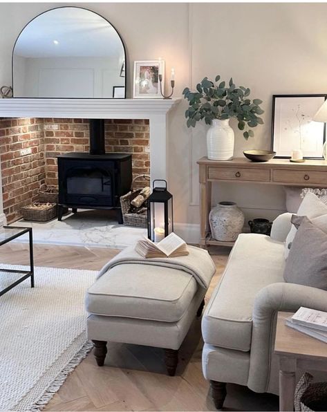 Small Cottage Sitting Room, Small Cottage Lounge, Small Lounge Ideas, Log Burner Living Room, Cottage House Interior, Brick Living Room, Lounge Room Styling, Cottage Vibes, Cotswold Cottage