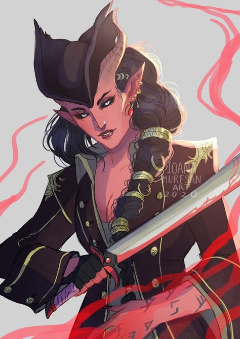 Tiefling Pirate, Dnd Pirate, Tiefling Female, Sci Fi Character Art, Dnd Npc, Dnd Races, Pirate Art, Roleplay Characters, Fantasy Portraits