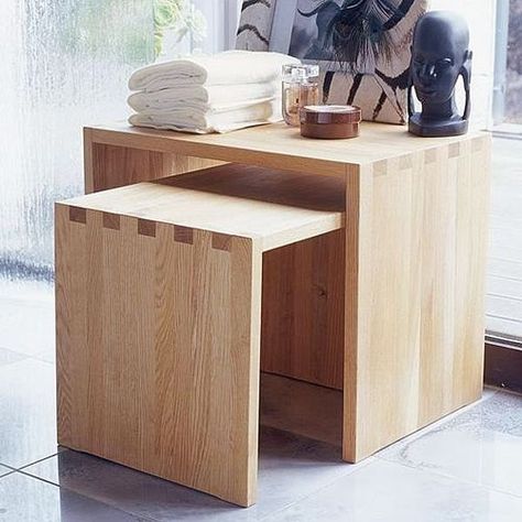 Help With Dovetailed/Box-Joint Nesting Tables - by tool_junkie @ LumberJocks.com ~ woodworking community Wood Joints Furniture, Nesting Tables Diy, Wooden Joints, Contemporary Side Table, Wood Nesting Tables, Dovetail Furniture, Woodwork Ideas, Nesting Table, Retail Displays