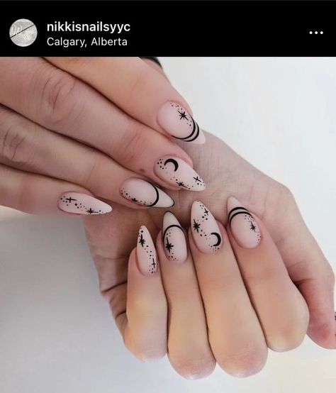 Step into the New Year with style - explore chic and sparkling nail designs! Witch Wedding Nails, Simple Gothic Nail Designs, Nail Ideas Witchy, Short Goth Nails Ideas, Witchy Summer Nails, Summer Witch Nails, Witchy Almond Nails, Witchy Nails Coffin, Moon Acrylic Nails