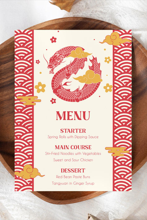 Lunar New Year Invitation, Vietnamese Menu Design, Chinese Menu Design Ideas, Chinese Restaurant Menu Design, Chinese Menu Design, Chinese Graphic Design, Chinese New Year Graphic, Lunar New Year Outfit, Lunar New Year Design