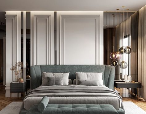 Classic Bedroom Interior, Modern Classic Bedroom, Classical Bedroom, Classic Bedroom Design, Neoclassical Interior, Bedroom Interior Design Luxury, Wall Panels Bedroom, Classic Bedroom, Bedroom Bed Design