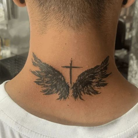 100+ Angel Wings Tattoo Ideas For A Divine Design! Men Angel Wing Tattoo, Cool Wing Tattoos, Greek Wings Tattoo, Demon Angel Wings Tattoo, Angel Wing Tattoo Men, Angel Wings Memorial Tattoo, Angelic Tattoos Men, Neck Wings Tattoo Men, Wing Ridden Angel Tattoo