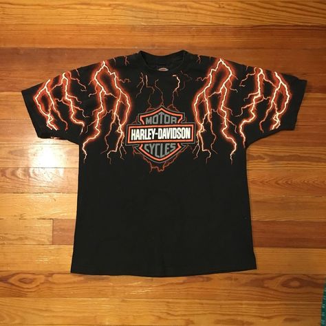 Harley Davidson Shirts Mens, Orange Lightning, Vintage Harley Davidson Shirt, Harley Davidson Tshirt, Rose Tattoos For Men, Vintage Outdoor, Harley Davidson T Shirts, Harley Davidson Shirt, Birthday List