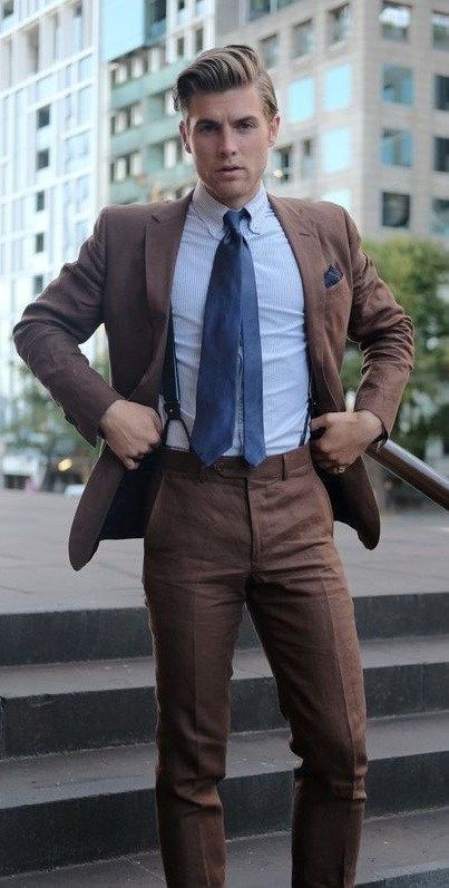 Brown Tux, Suit With Suspenders, Brown Suits For Men, Masculinity Quotes, Suit For Men Wedding, Light Blue Suit, Quotes Empowering, Suit Combinations, Blazer Outfits Men