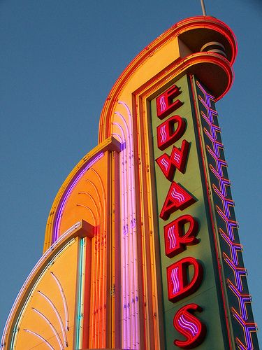 The direct evening sun made the colors of the sign appear especially brilliant.  Earlier in the year from a different angle: www.flickr.com/photos/1flatworld/410779367/ Deco Cinema, Art Nouveau Arquitectura, Miami Art Deco, Retro Signs, Vintage Signage, Vintage Neon Signs, Vintage Neon, Art Deco Buildings, Deco Architecture