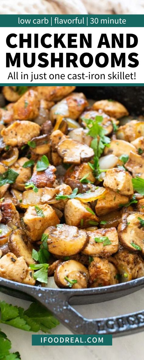 This Chicken and Mushrooms recipe is so easy to prepare and only takes 30 minutes from start to finish. It’s low carb and so flavorful too! One of the best things about this recipe is that it’s all made in one skillet, so you can spend more time with your family than cleaning up after dinner. Low Cholesterol Recipes Dinner, Dinner With Mushrooms, Cholesterol Friendly Recipes, Low Fat Dinner Recipes, Healthy One Pot Meals, Chicken And Mushrooms, Low Fat Chicken, Mushroom Recipes Healthy, Low Calorie Chicken