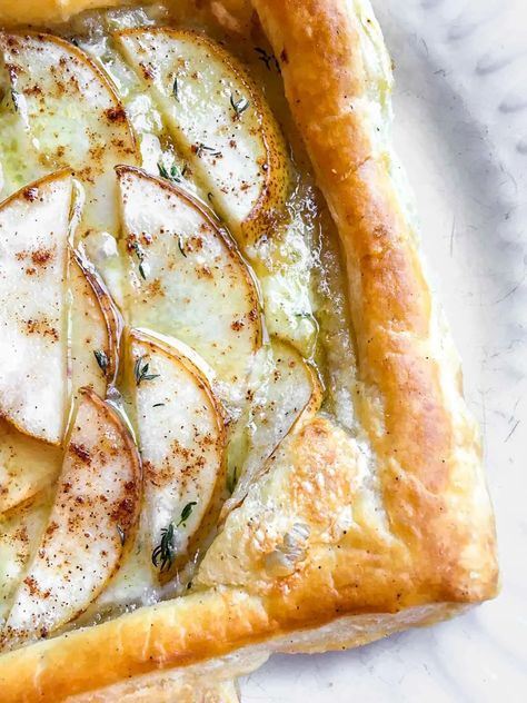 Brie and Pear Puff Pastry Appetizer | Babaganosh Butternut Squash Puff Pastry, Pears And Brie, Baked Brie And Pears, Turkey Pear Brie Sandwich, Brie And Pear Puff Pastry, Fig Brie Puff Pastry, Pear And Brie Appetizer, Brie And Pear Appetizer, Brie Pear Appetizer