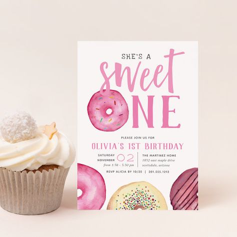 $2.93 | Sweet One | Donut First Birthday Party #cute, kids birthday party, first birthday, shes a sweet one, baby girl, dessert theme, watercolor donuts, donut, pink Donut First Birthday Party, Donut First Birthday, Donut Themed Birthday Party, Birthday Donuts, Donut Birthday Parties, Sprinkle Donut, First Birthday Party Themes, Party Details, Birthday Invitations Girl