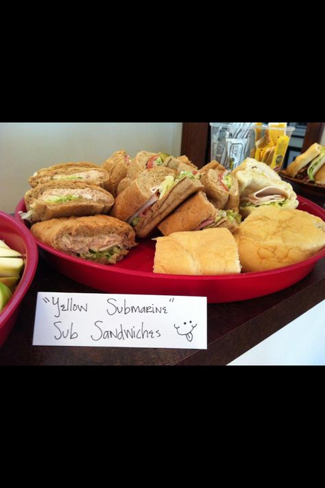 Beatles theme party food ideas "yellow submarine" sandwiches 60s Theme Party Food Ideas, 60s Party Food, Hippy Party Food Ideas, 60s Food Party, Hippy Party Theme Food, 60s Themed Birthday Party Food Ideas, 70s Themed Birthday Party Food, 70s Theme Food Party Ideas, Music Themed Food Ideas